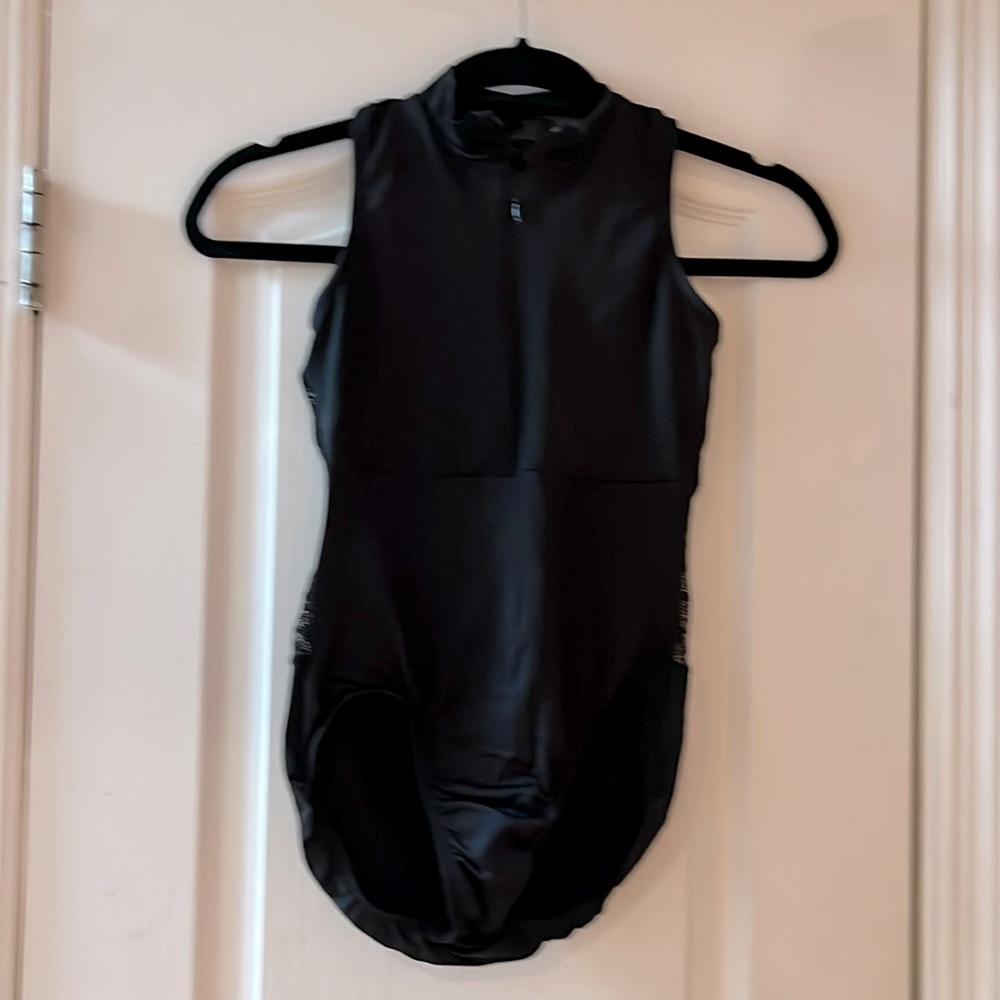 Front zipped turtleneck leotard with crochet back